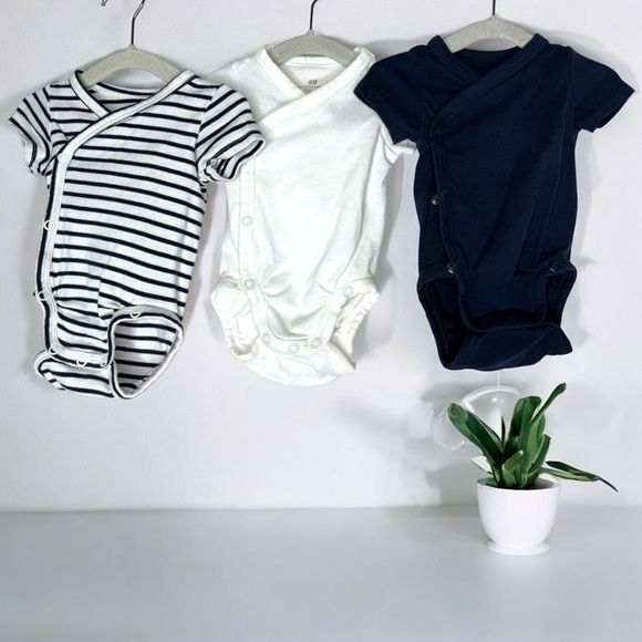 H&M Other - H&M 3 pack Wrapover Organic Bodysuits Baby White Dark Blue Stripes